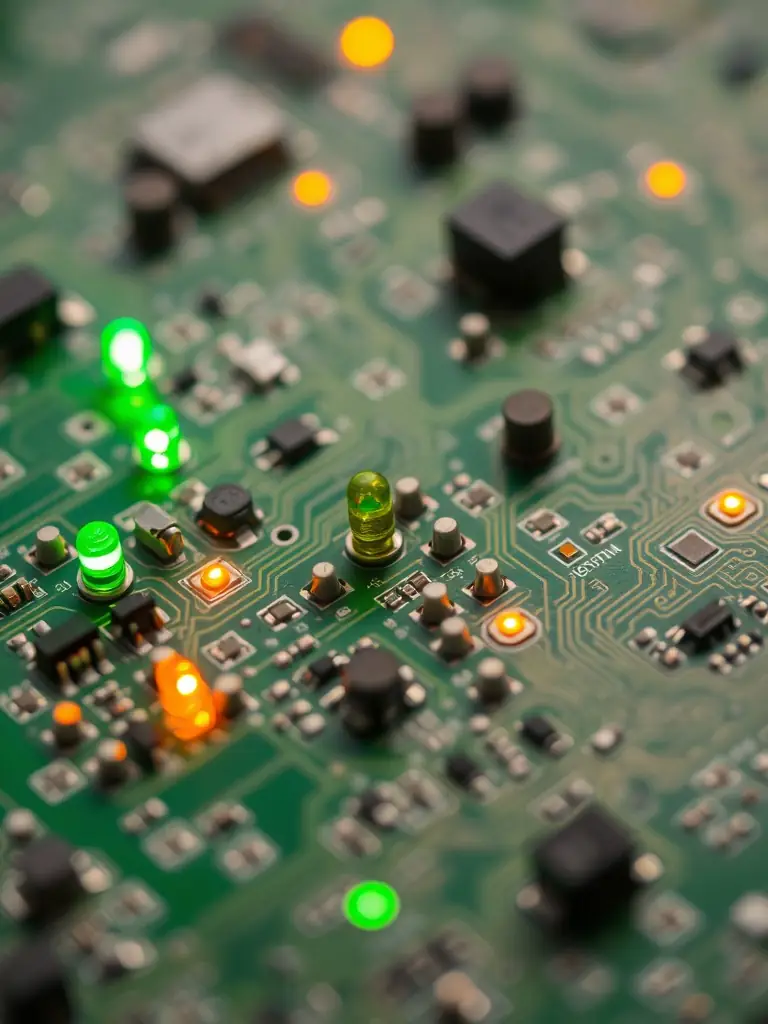 A close-up shot of a circuit board with glowing LEDs, symbolizing hands-on learning in electronics. The image should convey complexity and the excitement of discovery.