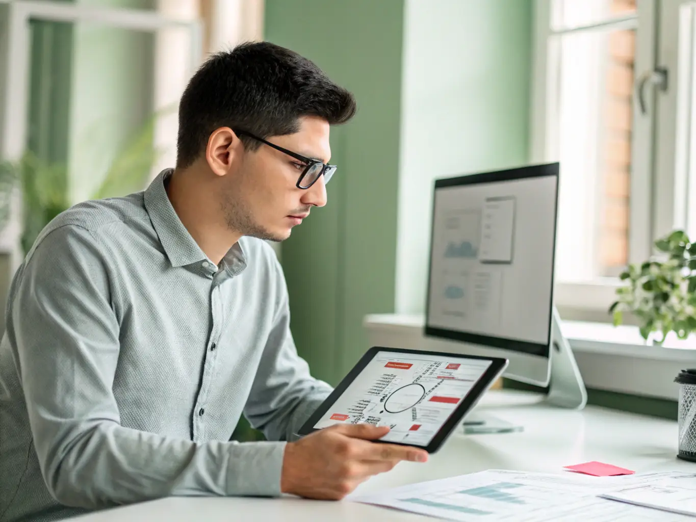 A professional engineer is reviewing the latest industry news on a tablet, with a modern office environment in the background, symbolizing staying informed.