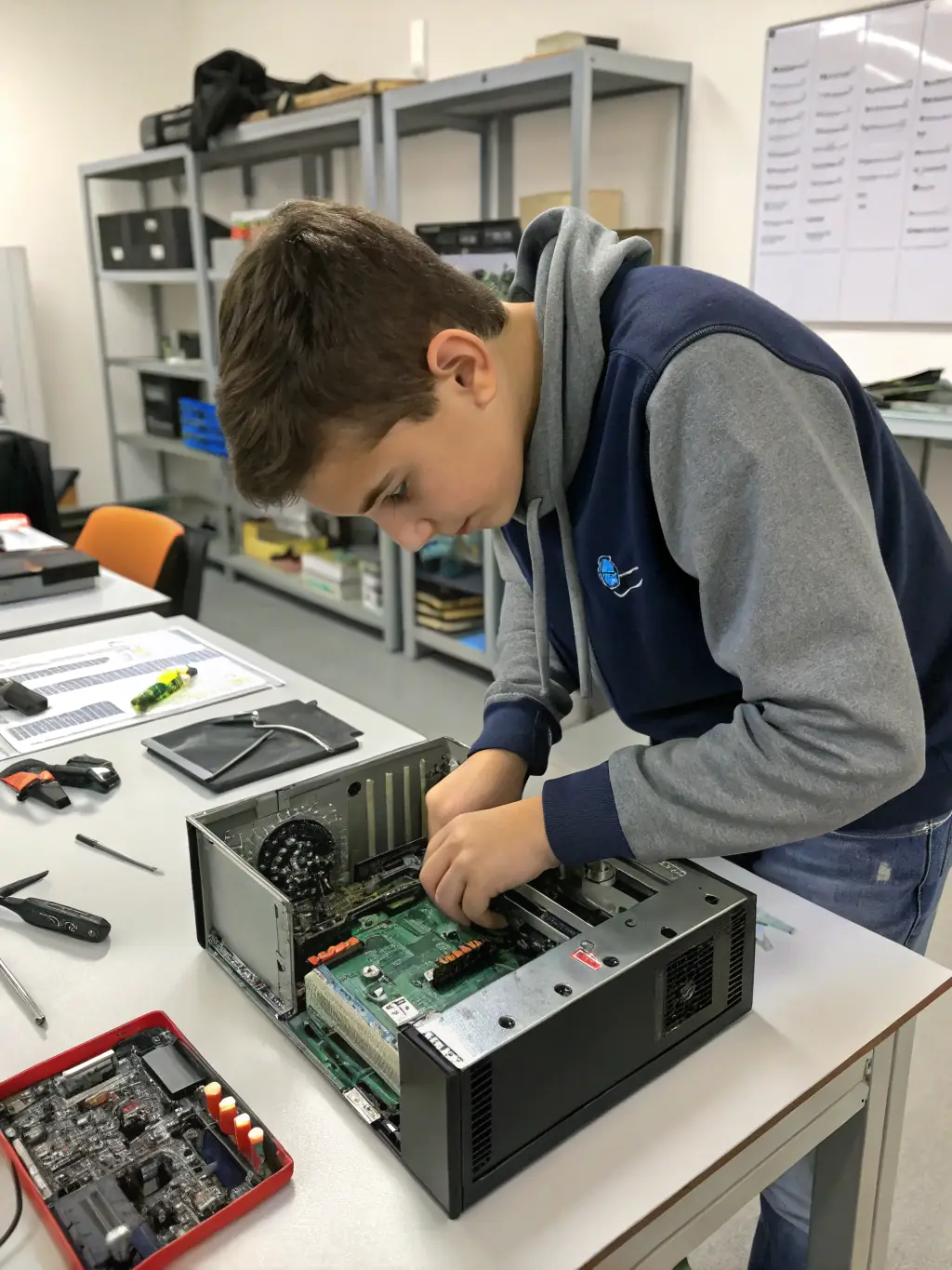 A student working on a robotics project, surrounded by tools and components, showcasing project-based learning and practical skills development.