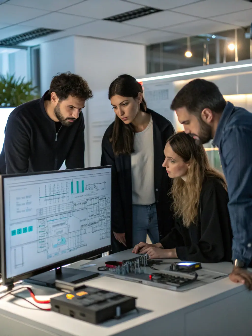 A group of engineers collaborating on a project in a modern, well-equipped lab, emphasizing the importance of teamwork and industry connections.