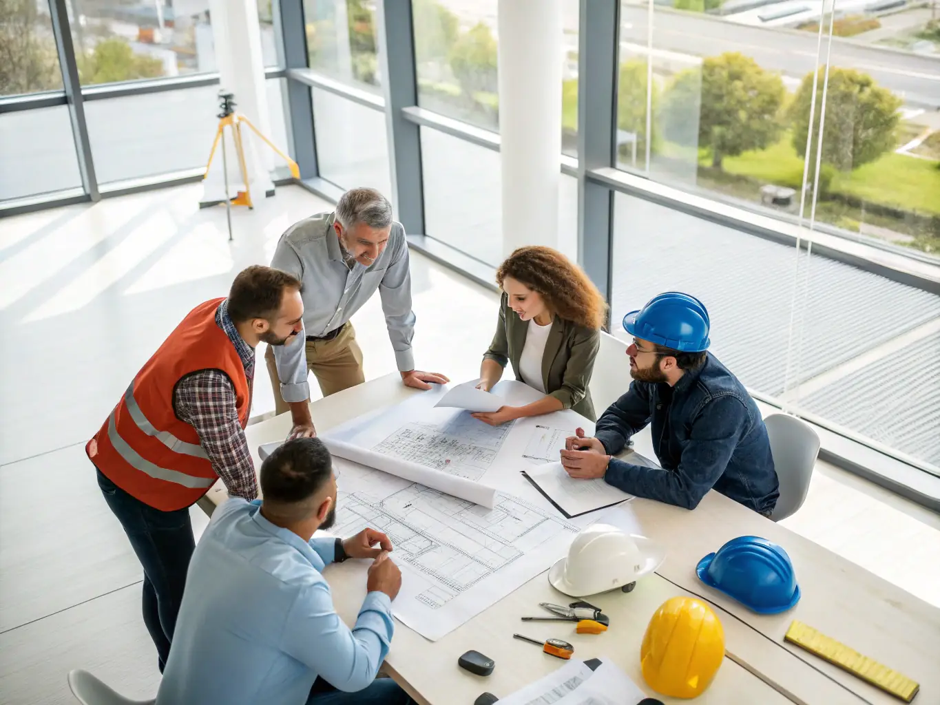 A diverse group of engineers collaborating on a project in a modern, well-lit workspace, representing career opportunities.