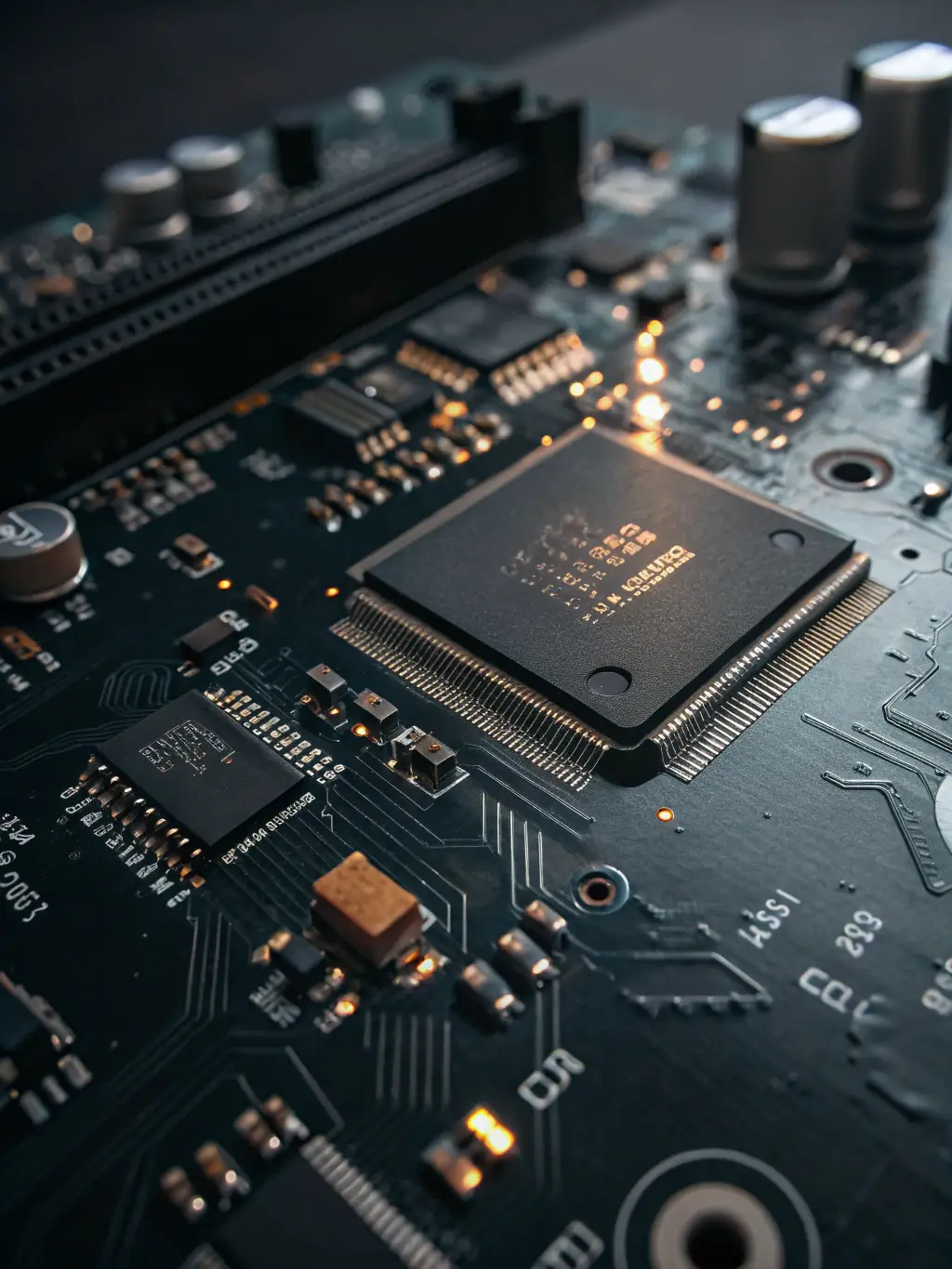 A close-up shot of a circuit board with glowing electric blue traces, symbolizing cutting-edge technology and innovation at Ledtele.