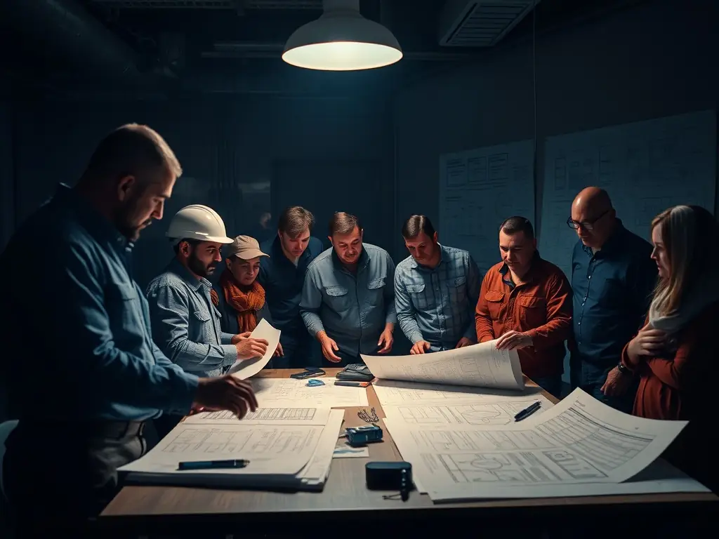 A diverse group of engineers collaborating on a holographic display of a complex circuit board, symbolizing innovation and teamwork at Ledtele.