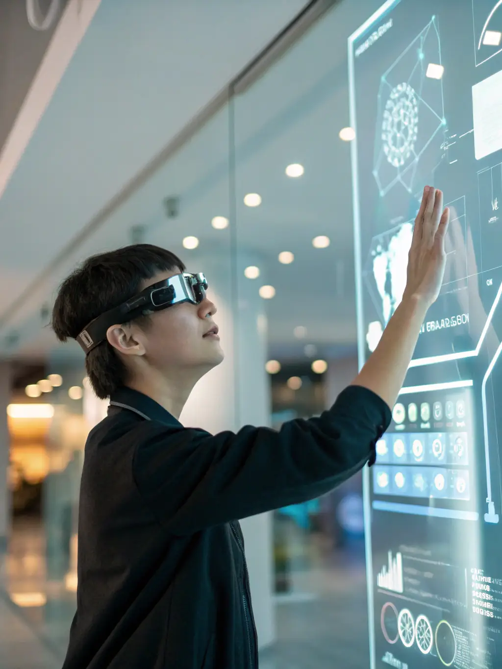 A person wearing VR glasses, interacting with a holographic engineering diagram, representing immersive learning experiences in future technologies.