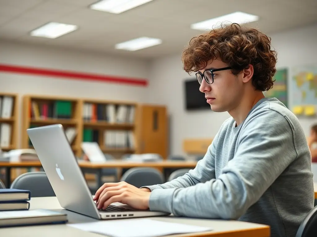 A student is intently focused on a computer screen, surrounded by textbooks and notes, while participating in an online coding tutorial. The scene is brightly lit, emphasizing the educational environment and the student's dedication to learning.