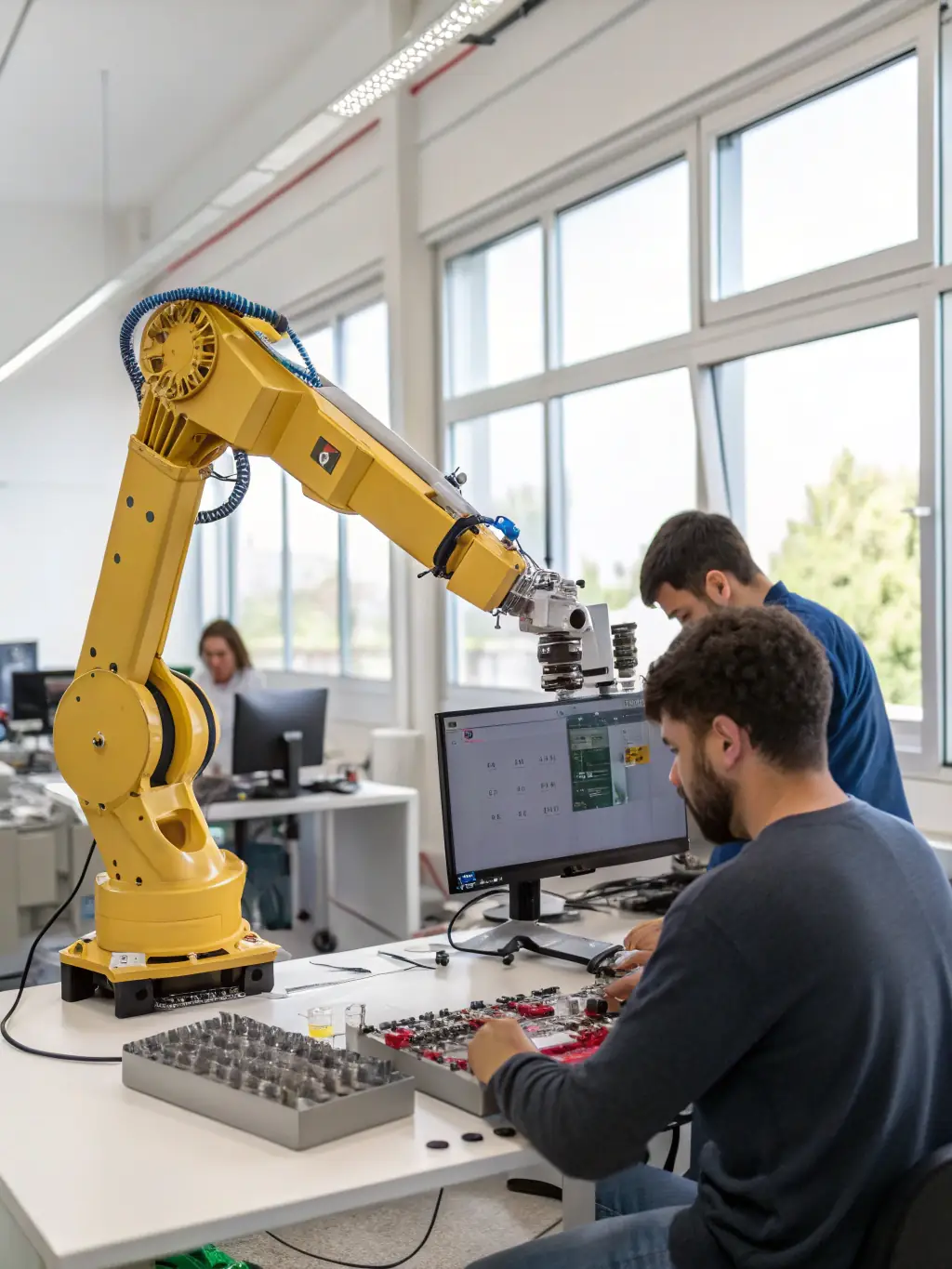 A collaborative workspace with engineers working on a robotic arm, symbolizing the Projects section of Ledtele.