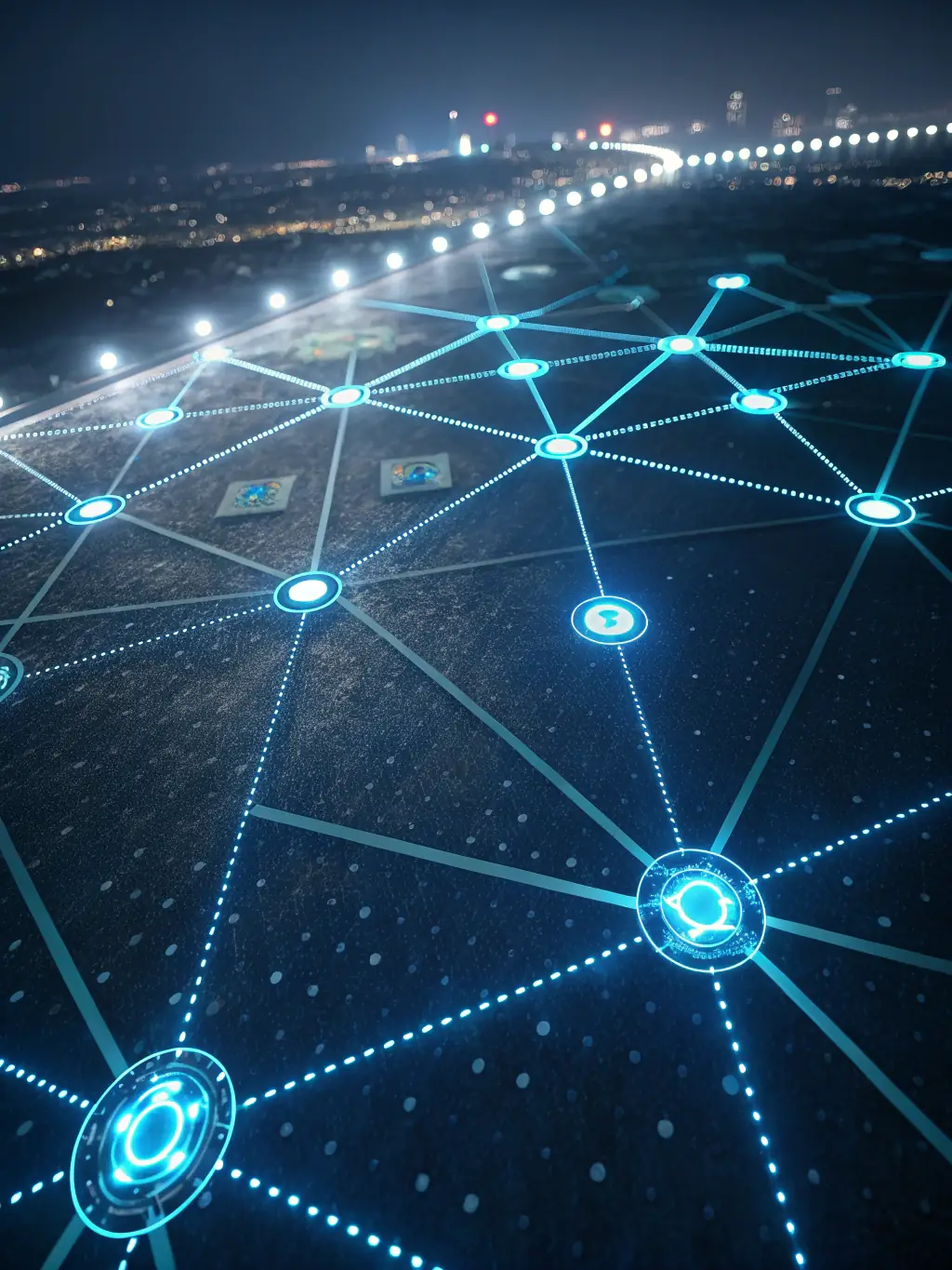 A network of interconnected gears and buildings, symbolizing the Industry section of Ledtele.
