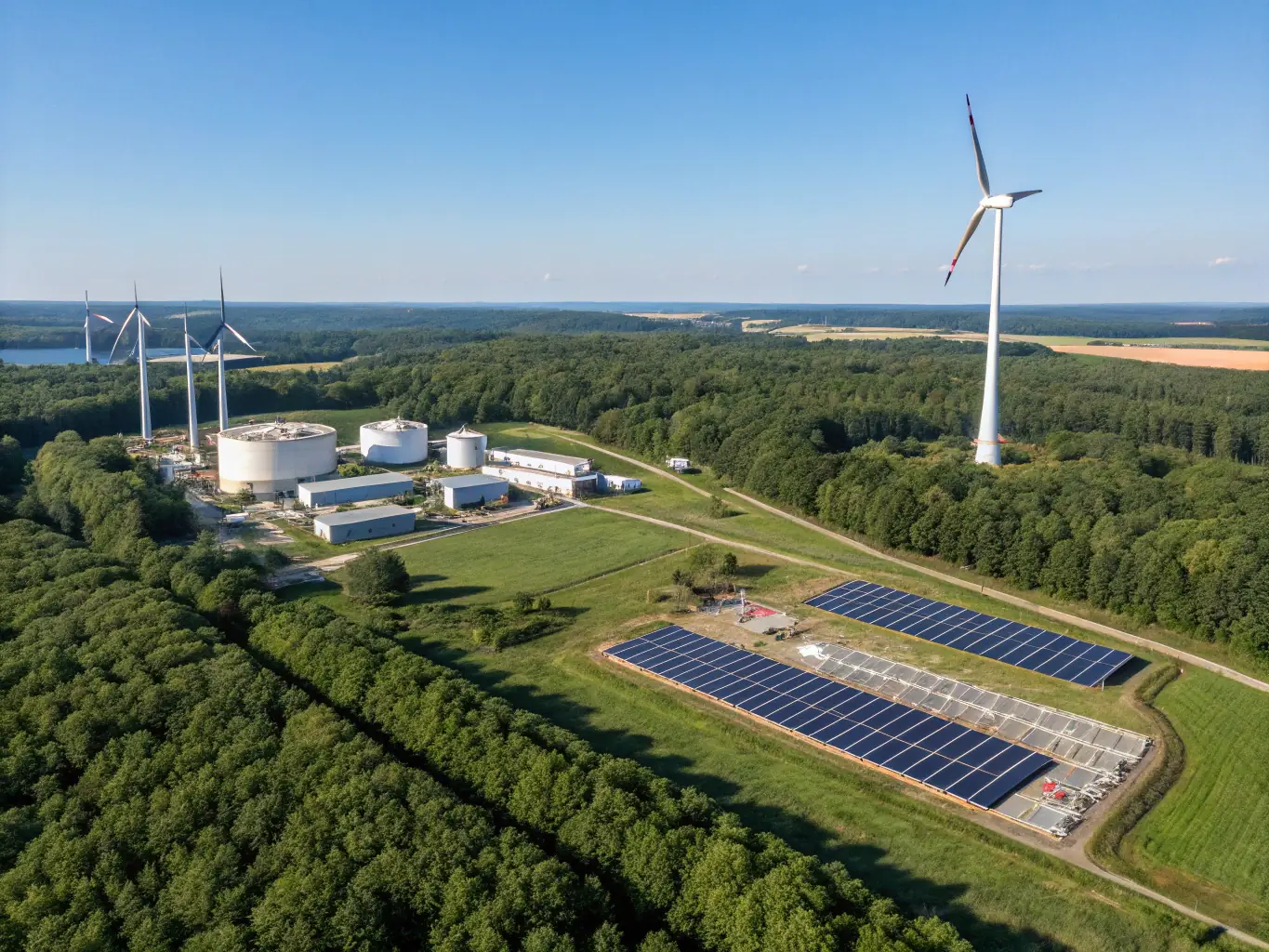 A clean energy research facility with solar panels and wind turbines in the background, showcasing the clean energy courses offered by Ledtele. The image conveys innovation and sustainability.