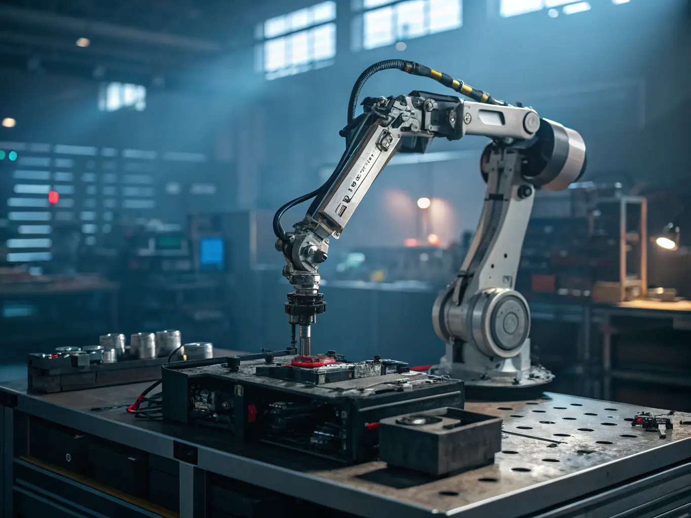 A futuristic laboratory setting with a robotic arm performing a delicate task, highlighting the advanced robotics courses available on Ledtele. The lighting is a cool blue, emphasizing the high-tech environment.