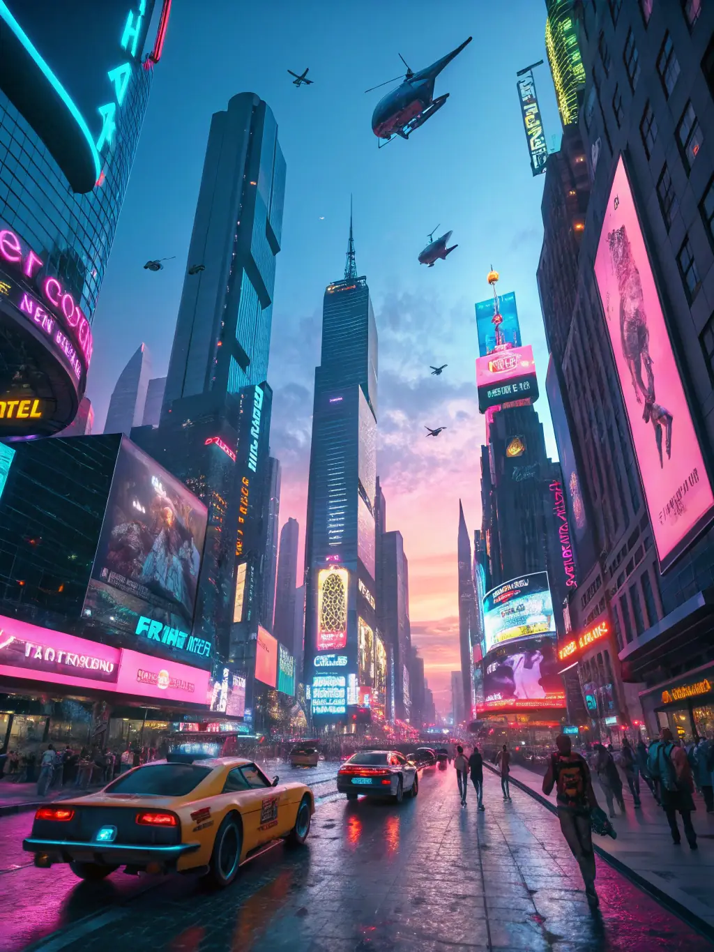 A futuristic cityscape with holographic projections and flying vehicles, representing the Future Tech section of Ledtele.