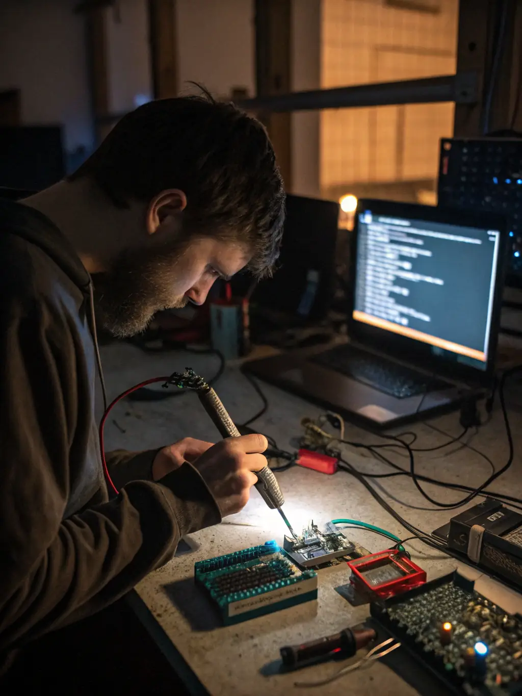 A person working on a robotics project with various tools and components, showcasing hands-on learning and practical application of engineering principles.